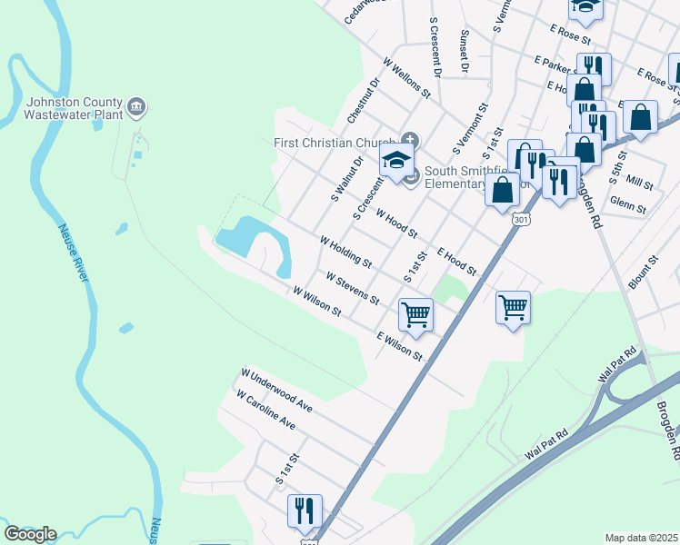 map of restaurants, bars, coffee shops, grocery stores, and more near 210 West Stevens Street in Smithfield