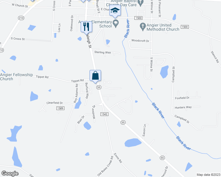 map of restaurants, bars, coffee shops, grocery stores, and more near 78 Black River Village Drive in Angier