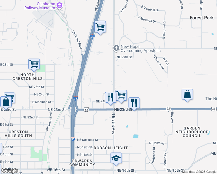 map of restaurants, bars, coffee shops, grocery stores, and more near 2611 North Bryant Avenue in Oklahoma City