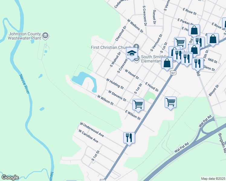 map of restaurants, bars, coffee shops, grocery stores, and more near 210 West Stevens Street in Smithfield