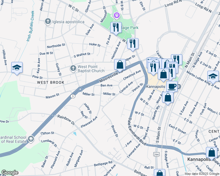 map of restaurants, bars, coffee shops, grocery stores, and more near 605 Ben Avenue in Kannapolis