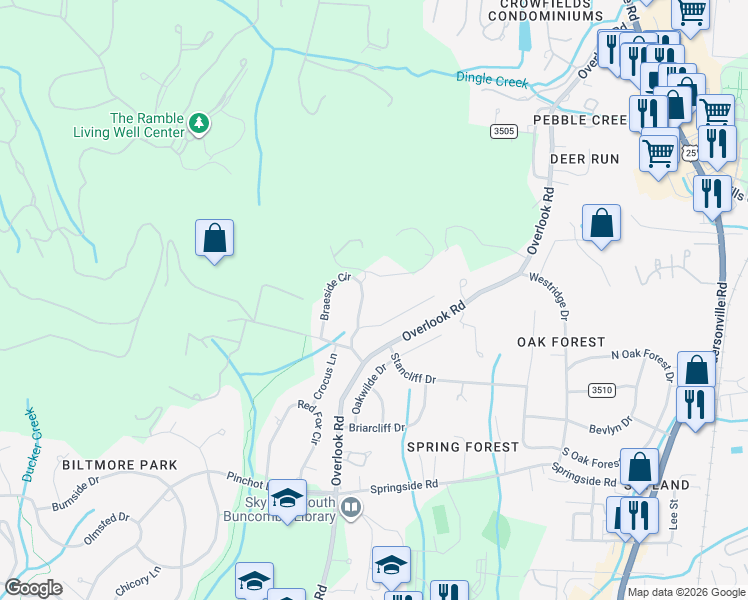 map of restaurants, bars, coffee shops, grocery stores, and more near 105 Braeside Circle in Asheville