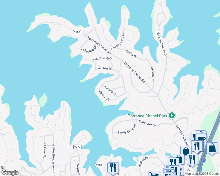 map of restaurants, bars, coffee shops, grocery stores, and more near 21431 Verano Place in Cornelius