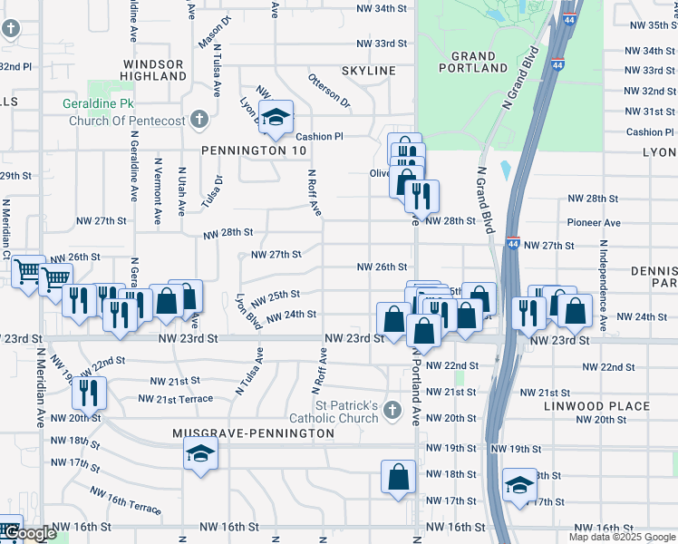 map of restaurants, bars, coffee shops, grocery stores, and more near 3828 Northwest 26th Street in Oklahoma City