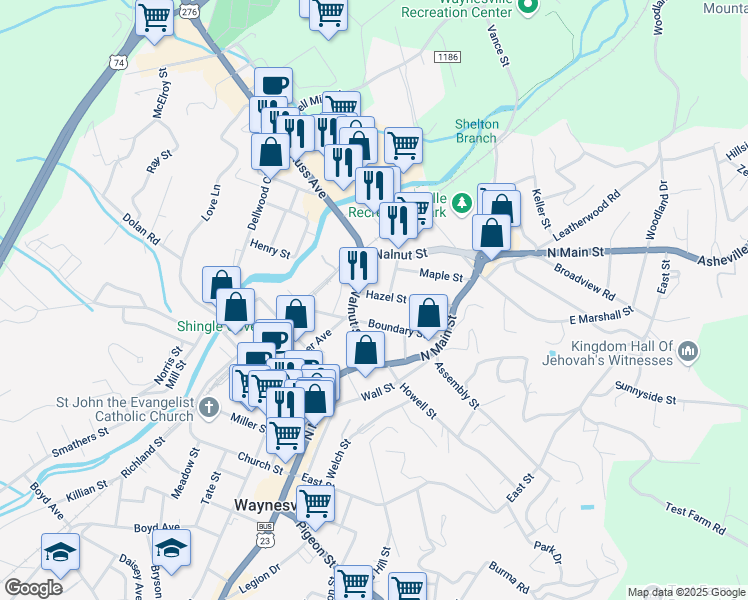 map of restaurants, bars, coffee shops, grocery stores, and more near 42 Hazel Street in Waynesville