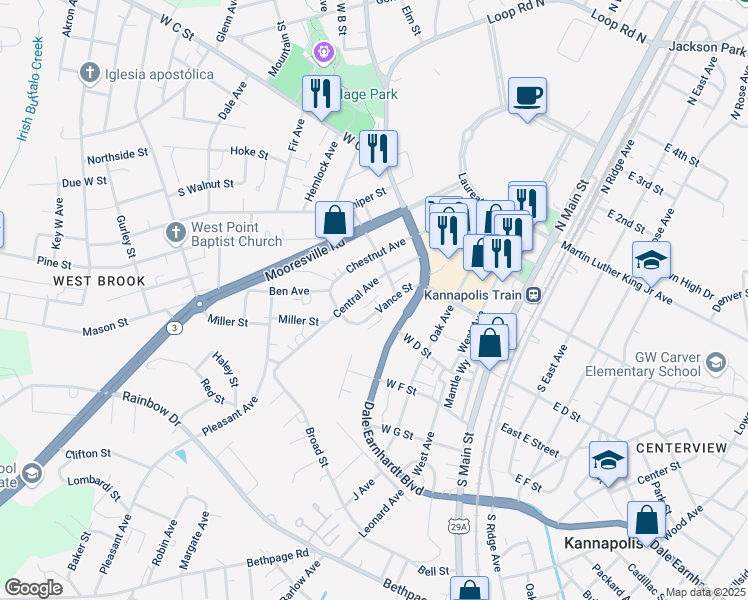 map of restaurants, bars, coffee shops, grocery stores, and more near Bellwood Place in Kannapolis
