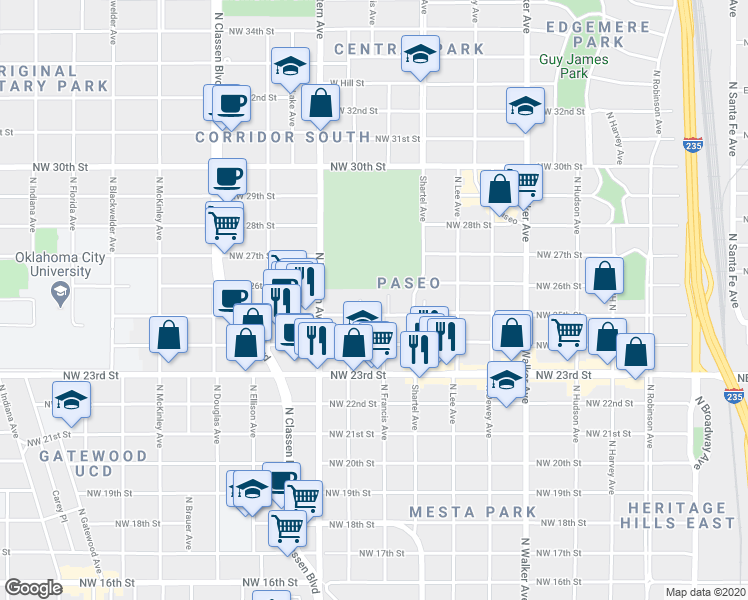 map of restaurants, bars, coffee shops, grocery stores, and more near 2701 North Shartel Avenue in Oklahoma City