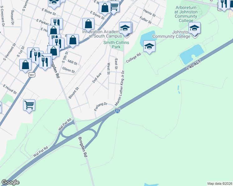 map of restaurants, bars, coffee shops, grocery stores, and more near 913 East Street in Smithfield