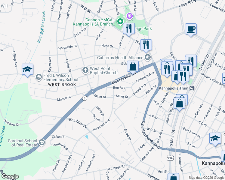map of restaurants, bars, coffee shops, grocery stores, and more near 408 Pleasant Avenue in Kannapolis