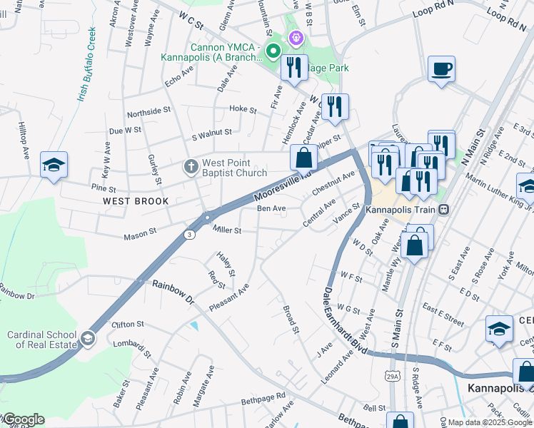 map of restaurants, bars, coffee shops, grocery stores, and more near 615 Ben Avenue in Kannapolis
