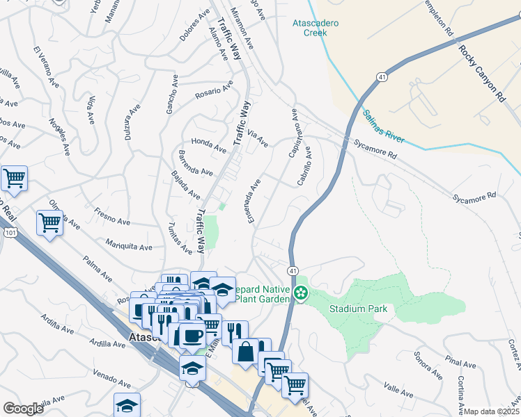 map of restaurants, bars, coffee shops, grocery stores, and more near 5440 Capistrano Avenue in Atascadero