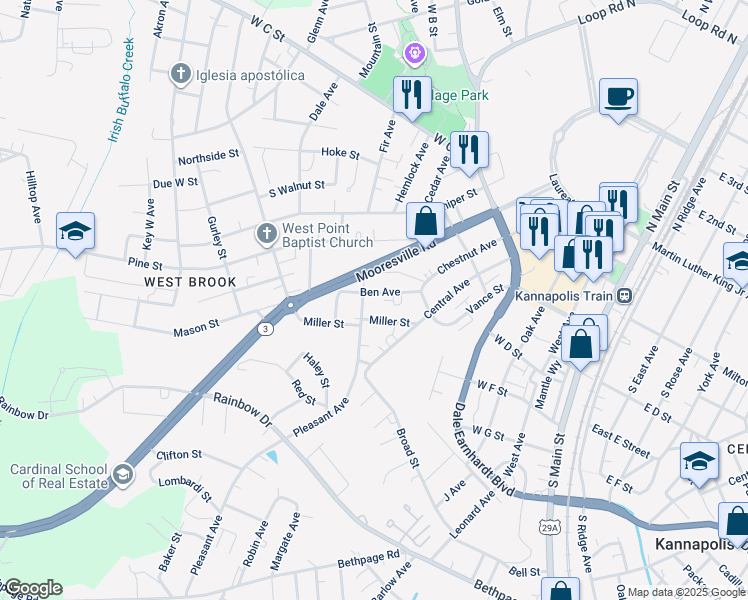 map of restaurants, bars, coffee shops, grocery stores, and more near 615 Ben Avenue in Kannapolis
