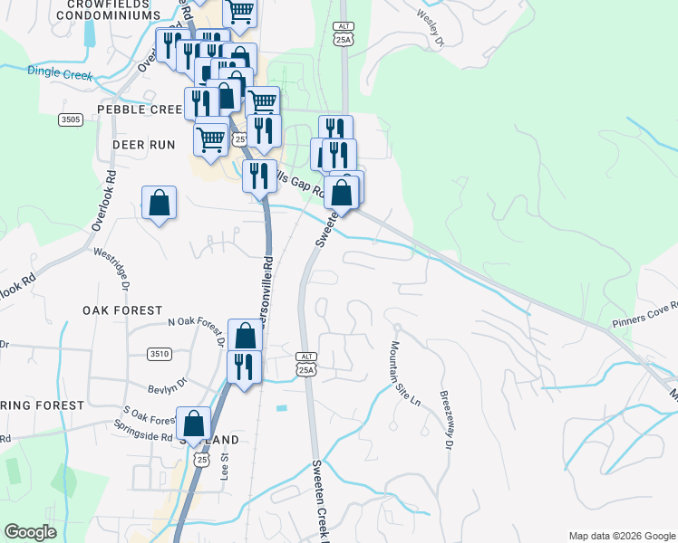 map of restaurants, bars, coffee shops, grocery stores, and more near 3124 Sweeten Creek Road in Asheville