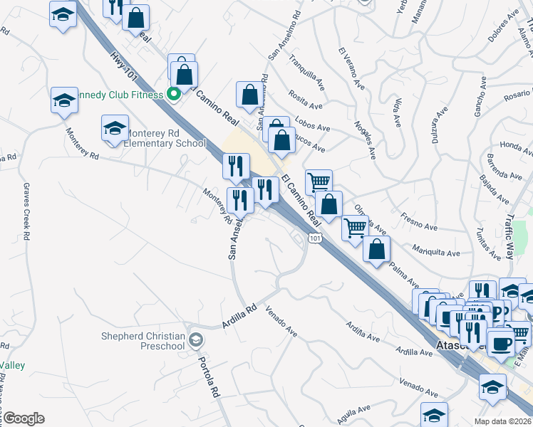 map of restaurants, bars, coffee shops, grocery stores, and more near 4500 San Palo Road in Atascadero