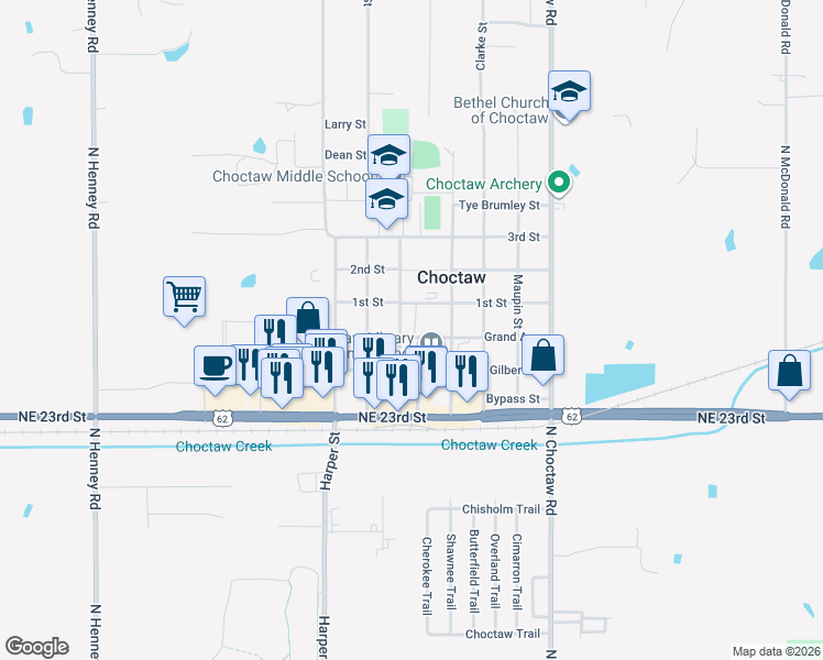 map of restaurants, bars, coffee shops, grocery stores, and more near 14701 East Grand Street in Choctaw