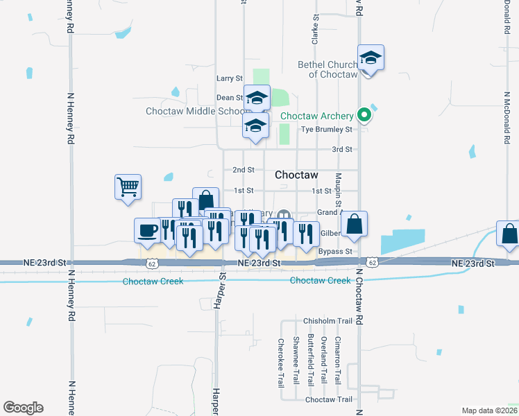 map of restaurants, bars, coffee shops, grocery stores, and more near 14701 East Grand Street in Choctaw