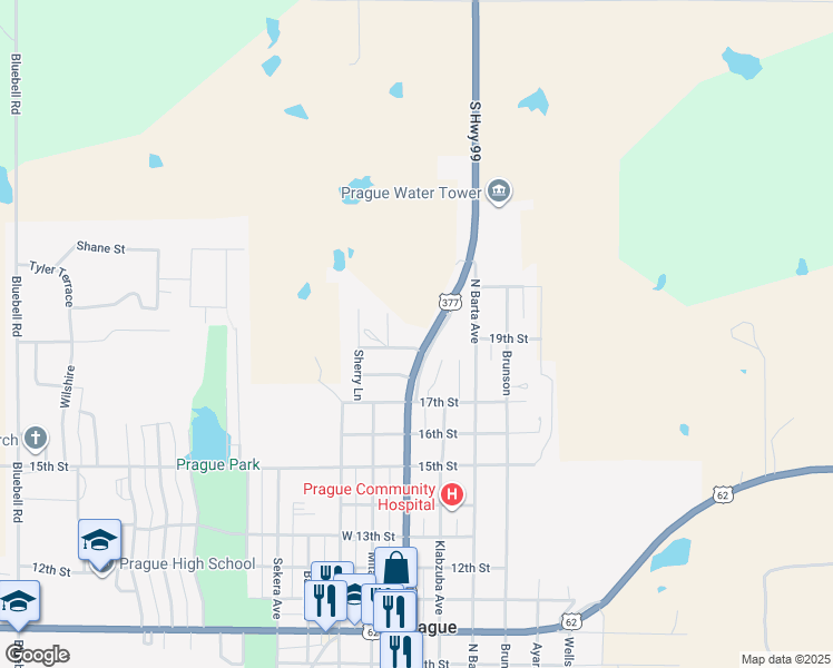 map of restaurants, bars, coffee shops, grocery stores, and more near 1901 North Jim Thorpe Boulevard in Prague