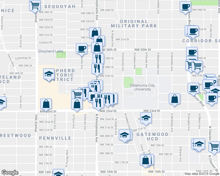 map of restaurants, bars, coffee shops, grocery stores, and more near 2615 North Virginia Avenue in Oklahoma City