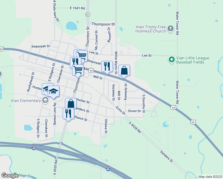 map of restaurants, bars, coffee shops, grocery stores, and more near 211 Sanders Street in Vian