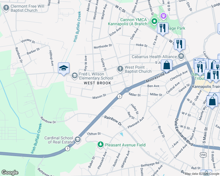 map of restaurants, bars, coffee shops, grocery stores, and more near 1201 Birch St in Kannapolis