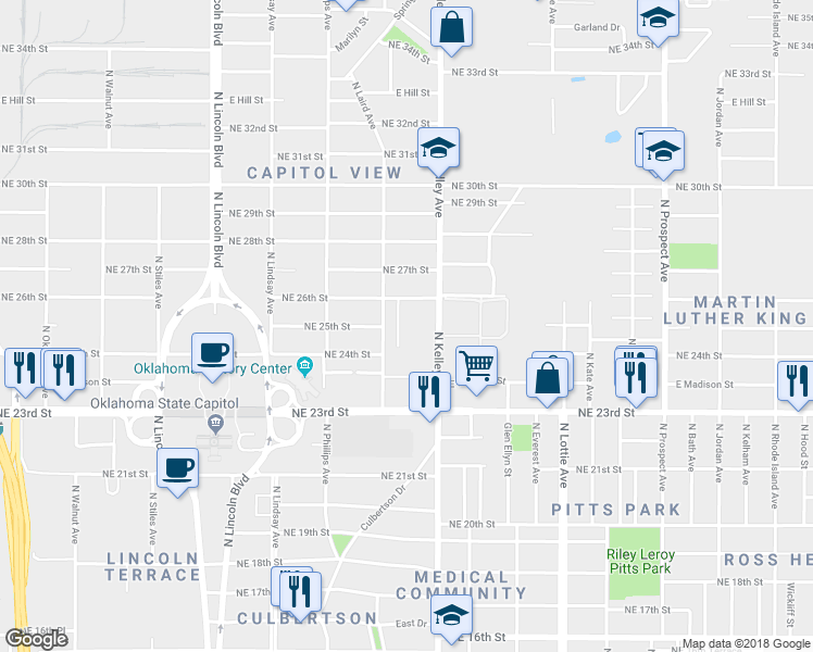 map of restaurants, bars, coffee shops, grocery stores, and more near 2602 Urban League Court in Oklahoma City