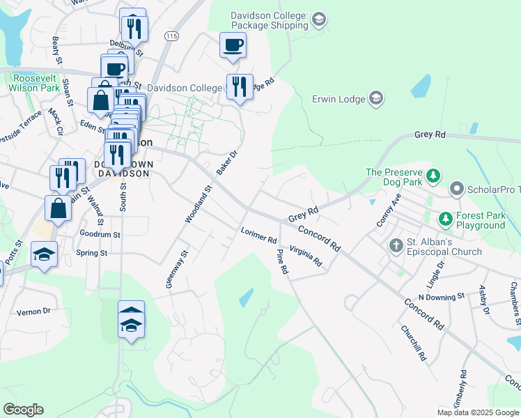 map of restaurants, bars, coffee shops, grocery stores, and more near 615 Concord Road in Davidson
