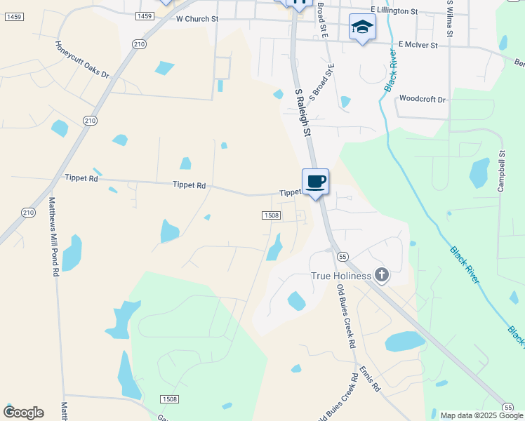 map of restaurants, bars, coffee shops, grocery stores, and more near 50 Roy Adams Road in Angier