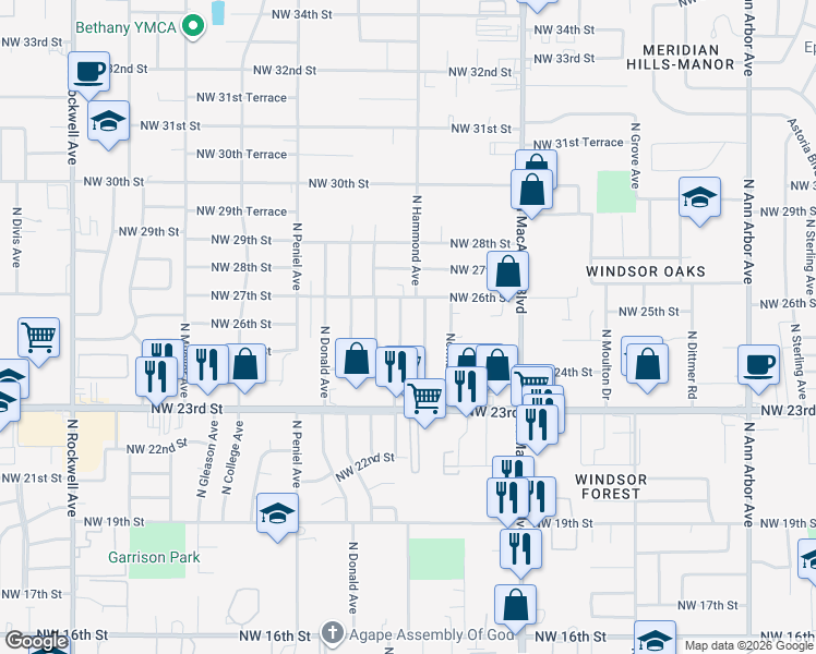 map of restaurants, bars, coffee shops, grocery stores, and more near 2605 North Adams Avenue in Oklahoma City