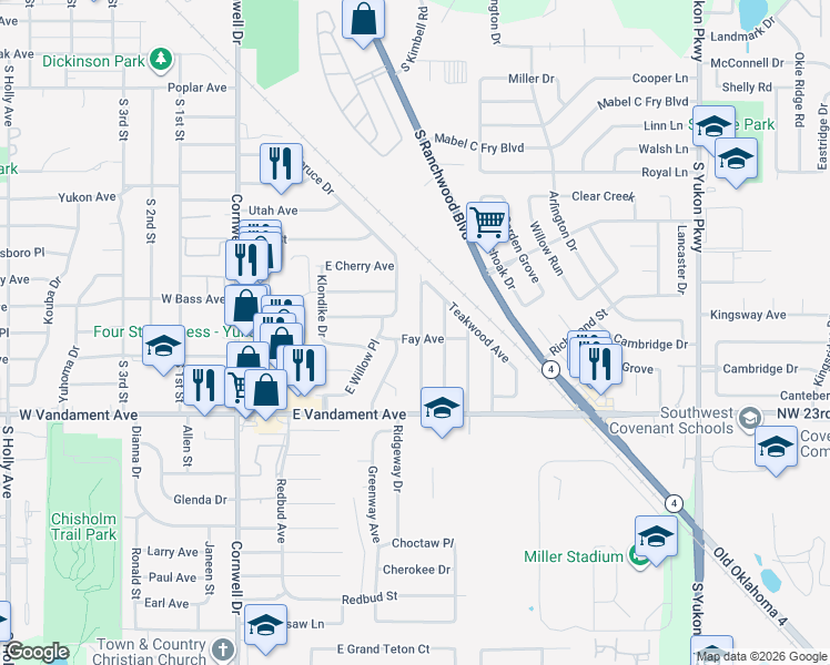 map of restaurants, bars, coffee shops, grocery stores, and more near 816 Glenwood Drive in Yukon