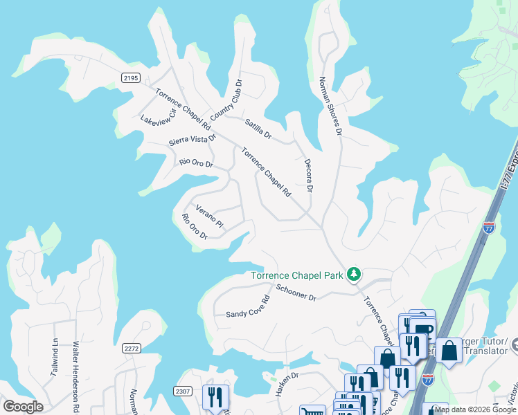 map of restaurants, bars, coffee shops, grocery stores, and more near 18418 Torrence Chapel Estates Circle in Cornelius