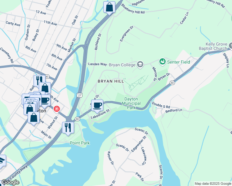 map of restaurants, bars, coffee shops, grocery stores, and more near 260 Fairview Lane in Dayton