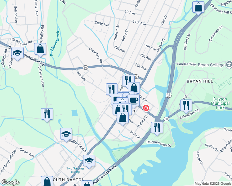 map of restaurants, bars, coffee shops, grocery stores, and more near 1359 Railroad St in Dayton