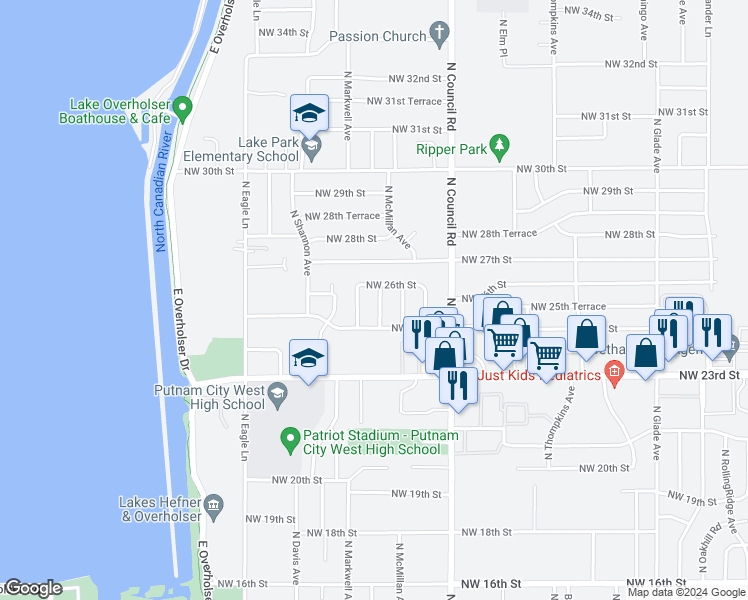 map of restaurants, bars, coffee shops, grocery stores, and more near 2621 North Grant Avenue in Bethany