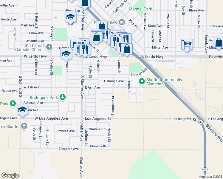 map of restaurants, bars, coffee shops, grocery stores, and more near 293 East Ash Avenue in Shafter