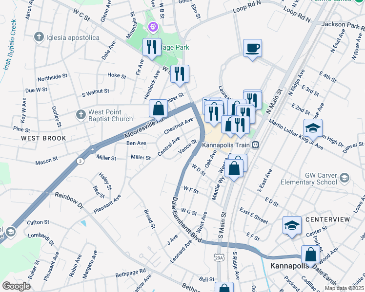 map of restaurants, bars, coffee shops, grocery stores, and more near 3100 Bellwood Place in Kannapolis