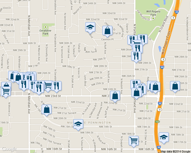 map of restaurants, bars, coffee shops, grocery stores, and more near 3949 Northwest 26th Street in Oklahoma City