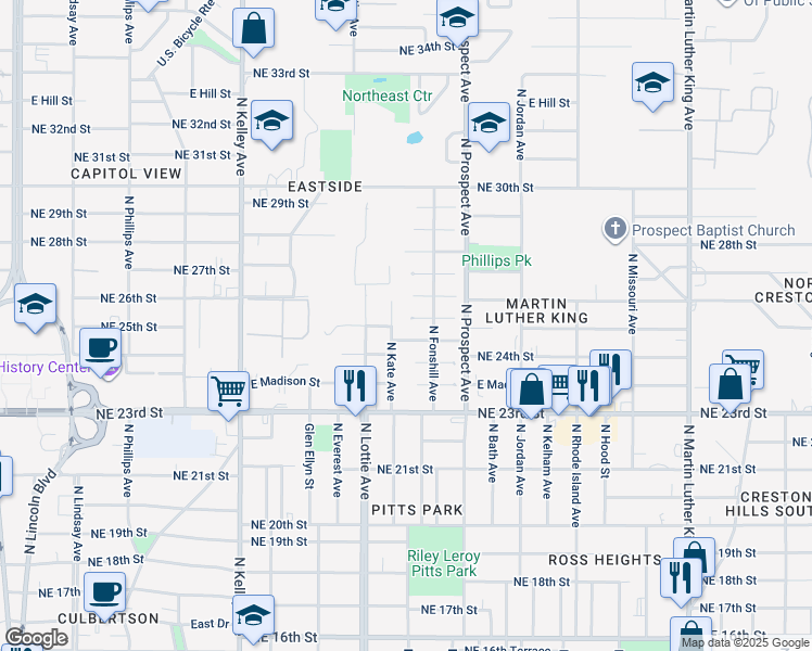 map of restaurants, bars, coffee shops, grocery stores, and more near 1400 Monticello Court in Oklahoma City