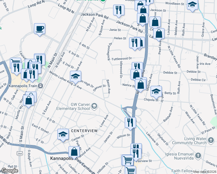 map of restaurants, bars, coffee shops, grocery stores, and more near 134 Basin Avenue in Kannapolis