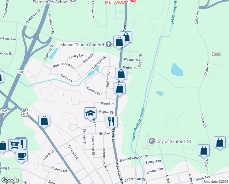 map of restaurants, bars, coffee shops, grocery stores, and more near 1121 Hawkins Ave in Sanford