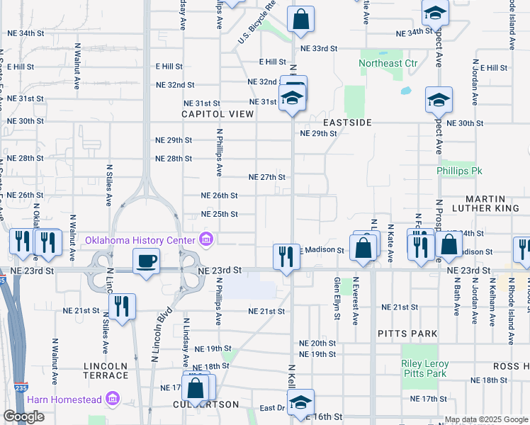 map of restaurants, bars, coffee shops, grocery stores, and more near 2602 Urban League Court in Oklahoma City