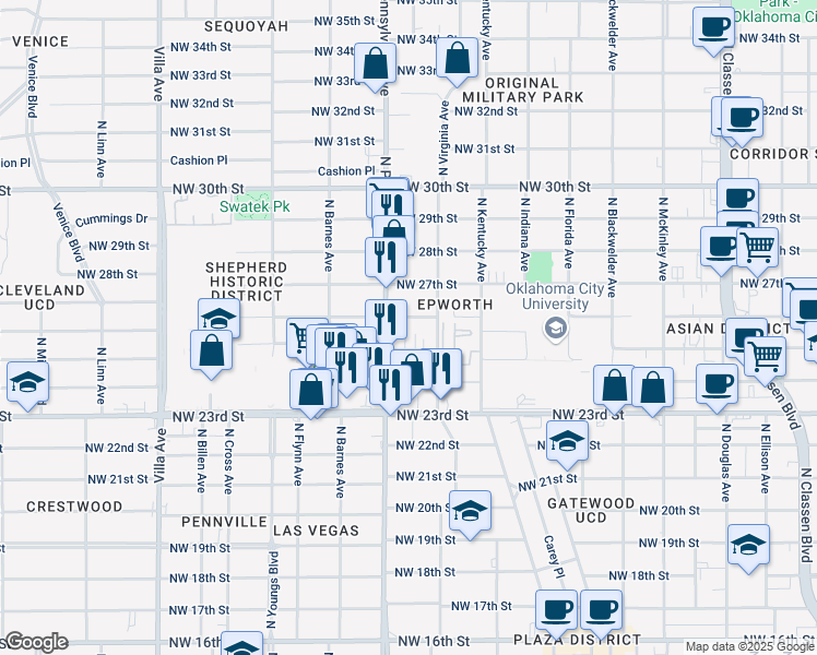 map of restaurants, bars, coffee shops, grocery stores, and more near 2014 Northwest 26th Street in Oklahoma City
