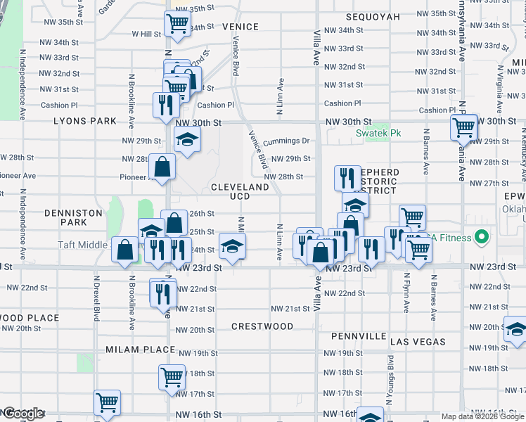 map of restaurants, bars, coffee shops, grocery stores, and more near 2625 Northwest 26th Street in Oklahoma City