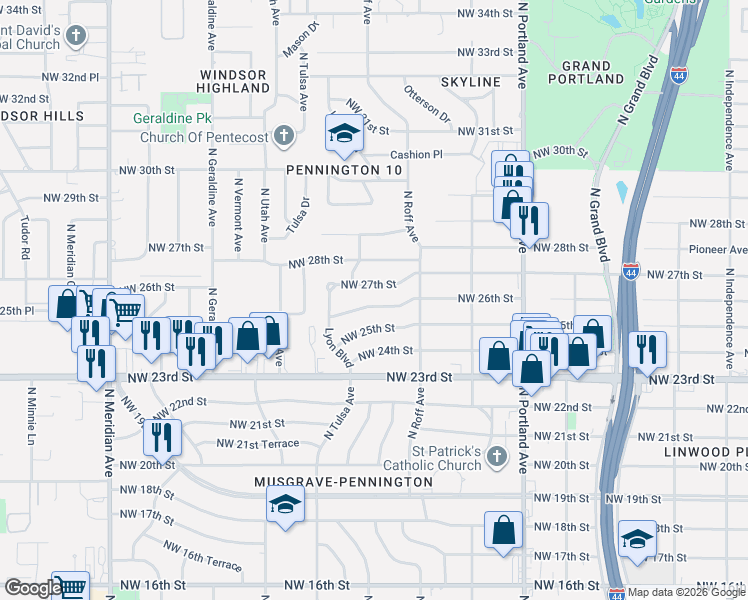 map of restaurants, bars, coffee shops, grocery stores, and more near 3949 Northwest 26th Street in Oklahoma City
