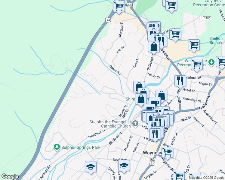 map of restaurants, bars, coffee shops, grocery stores, and more near 45 Cherokee Street in Waynesville
