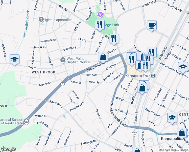 map of restaurants, bars, coffee shops, grocery stores, and more near 605 Ben Avenue in Kannapolis