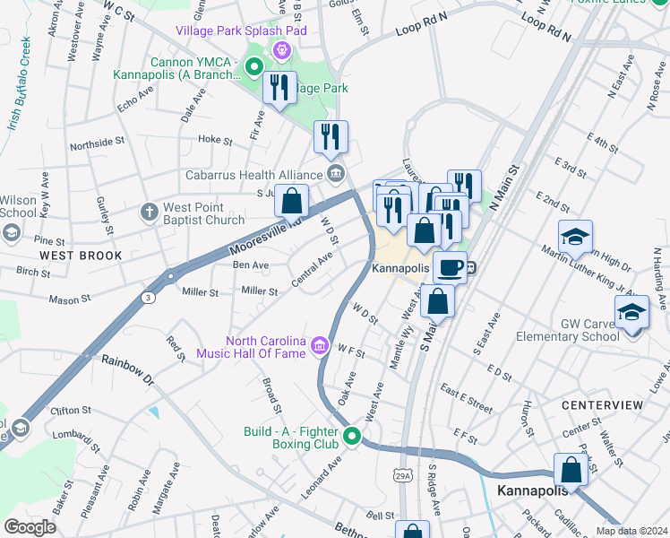 map of restaurants, bars, coffee shops, grocery stores, and more near 3100 Bellwood Place in Kannapolis