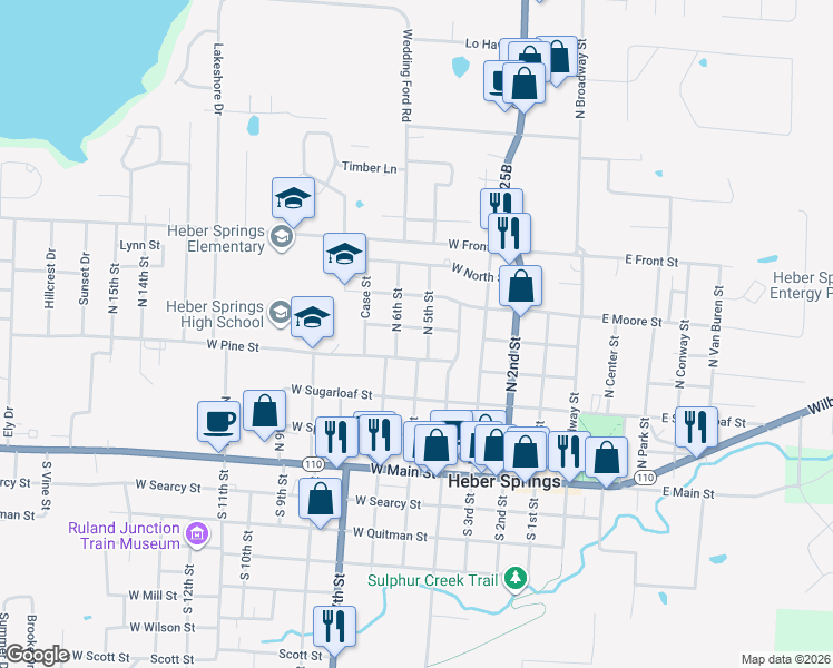 map of restaurants, bars, coffee shops, grocery stores, and more near 408 North 5th Street in Heber Springs