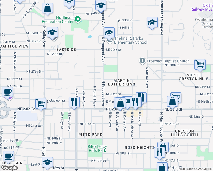 map of restaurants, bars, coffee shops, grocery stores, and more near 1509 Northeast 25th Street in Oklahoma City