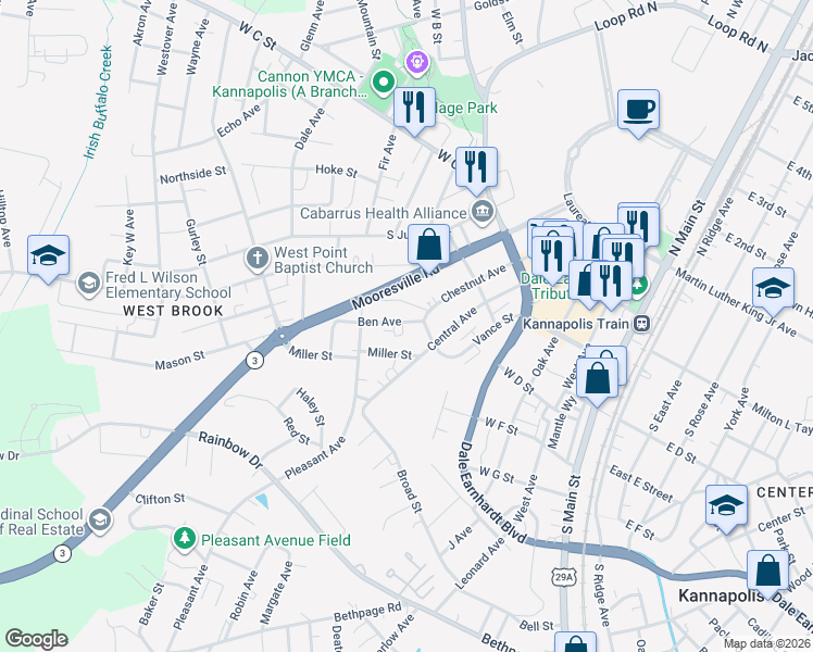 map of restaurants, bars, coffee shops, grocery stores, and more near 601 Ben Avenue in Kannapolis