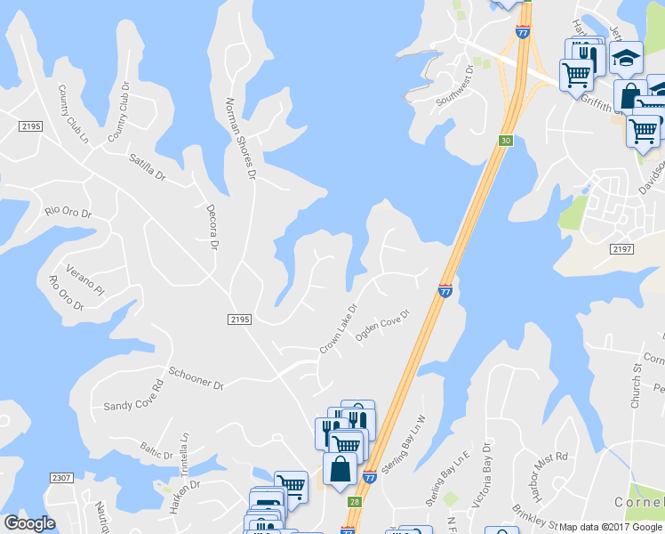 map of restaurants, bars, coffee shops, grocery stores, and more near 21111 Blakely Shores Drive in Cornelius